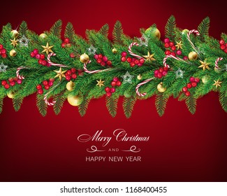 semi realistic Christmas garland with clear red background arranged in horizontal line.