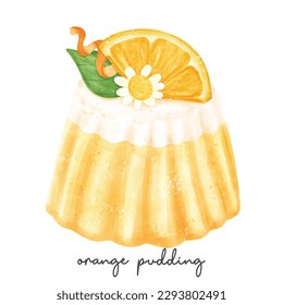 semi realistic homemade orange favour pudding jelly sweet watercolour illustration vector banner isolated on white background.