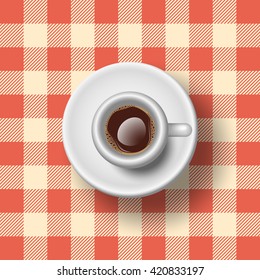 Semi Realistic Vector Illustration Of An Espresso On A Table With A Checked Tablecloth.