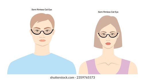 Lentes de marco de ojos de gato semideslumbrantes en la ilustración de accesorios de moda de carácter plano para mujeres y hombres. Vista frontal de vidrio solar estilo de silueta unisex, anteojos de gafas de lente, contorno de estilo de esbozo de lente