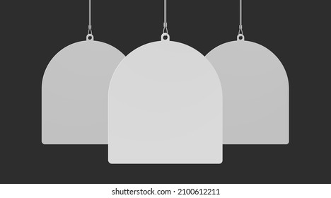 Semi rounded pennant dangler hanging from ceiling realistic mockup set. Mock up of advertising promotion pointer for supermarket sale announcement on dark background. Mall store vector illustration