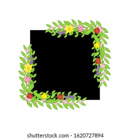 Semi square frame of spring flowers in a flat style on a black geometric figure isolated on a white background. Stock vector illustration for decoration and design, packaging, Easter, cards, banners