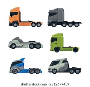 Semi Tractor Trailer Truck as Heavy-duty Towing Engine Side View Vector Set
