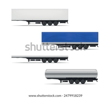 Semi trailer flatbed truck  container box and tank set realistic vector illustration. Cargo delivery transport lorry industrial transportation liquid freight carrying metal construction side view