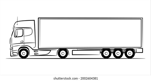 Semi Trailer Truck Abstract Silhouette On White Background.  A Hand Drawn Line Art Of A Trailer Truck Car. Vector Illustration View From Side.