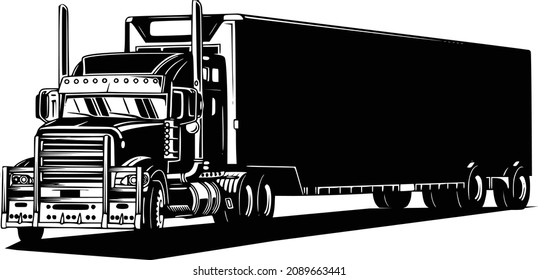 Semi trailer truck america. Black and white illustration