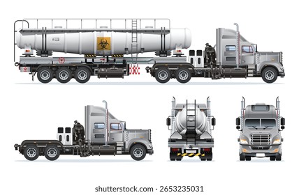 Semi trailer truck chemicals liquid tanker filled with toxic waste radioactive biological hazard 3D model view from various angles vector set illustration