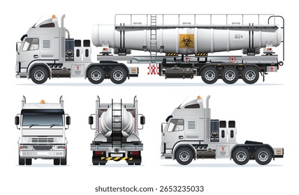 Semi trailer truck chemicals liquid tanker filled with toxic waste radioactive biological hazard 3D model view from various angles vector set illustration