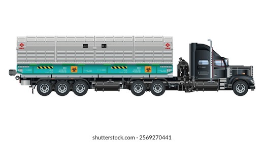 Semi Trailer Truck containers box filled with toxic waste, radioactive biological hazard 3D vector illustration