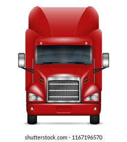 Semi trailer truck front view on white background. Isolated red lorry realistic vector illustration. All elements in the groups on separate layers for easy editing and recolor