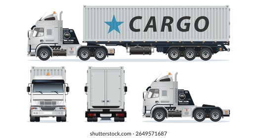 Semi reboque caminhão pesado estrela carga contentor logística entrega serviço vista de diferentes ângulos vetor conjunto ilustração