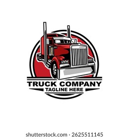 Semi trailer truck logo. Red truck company, transport mascot logo vector illustration.
