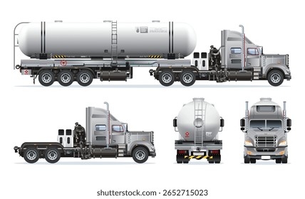 Semi trailer truck petroleum liquid oil tanker heavy cargo industries 3D model view from various angles vector set illustration
