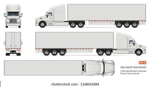 Semi trailer truck vector mockup for car branding and advertising. Isolated lorry Cargo vehicle set on white background. View from side, front, back, top