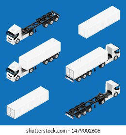 Semi trailer truck vector mockup for car branding and advertising. Isolated lorry Cargo vehicle set on blue background. Isometric view