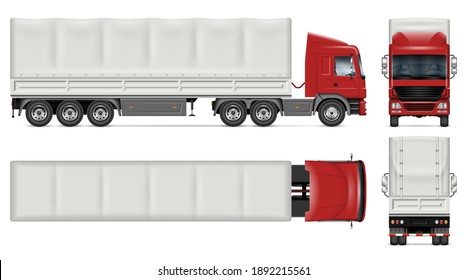 Semi trailer truck vector mockup on white for vehicle branding, corporate identity. View from side, front, back, top. All elements in the groups on separate layers for easy editing and recolor.