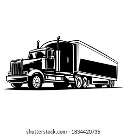 semi trailer truck vector on black and white background, semi truck silhouette, vector container truck, Classic American Truck. Black and White Vector Illustration