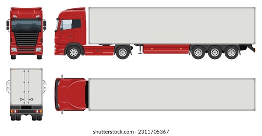 Semi trailer truck vector template with simple colors without gradients and effects. View from side, front, back, and top svg
