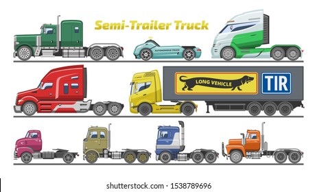 Semi trailer truck vector vehicle transport delivery cargo shipping illustration set of trucking freight lorry semi-truck isolated on white background.