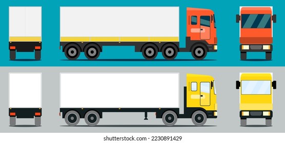 Semi trailer vector mockup for car branding and advertising. Truck set on an isolated background. A set of images of a modern American truck with different variants of semi-trailers.