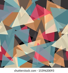 Semi transparent, colorful, overlapping triangles. Geometric pattern. Vector seamless pattern.