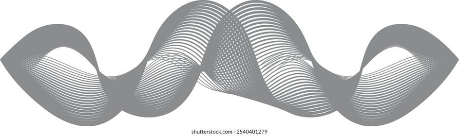 Forma abstracta gris semitransparente hecha de líneas curvas y ondulantes que forman picos y valles sobre un fondo blanco