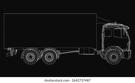 Semi truck 3D wireframe model on black background, featuring detailed contours of headlights, grille, and wheels. The clean design highlights the vehicle's structure with precision.
