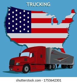 Semi truck and American flag, vector illustration