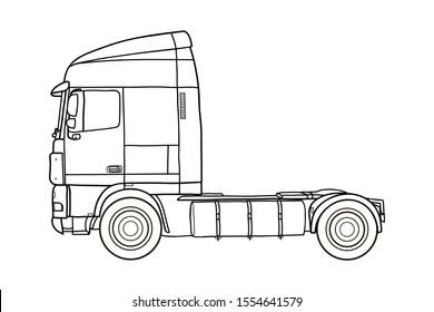 Semi truck. american tractor, side view. Vector doodle illustration