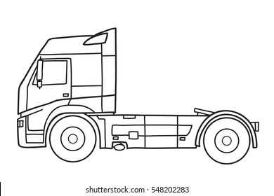 Semi truck. american tractor, side view. Vector doodle illustration