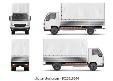 Semi truck isolated on white. Commercial realistic cargo lorry mockup. Delivery truck vector template from side, back, front View.