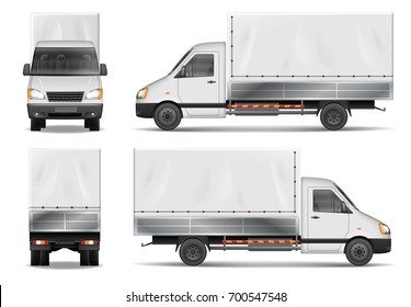 Semi truck isolated on white. Commercial cargo lorry. Delivery truck vector template from side, back, front View.