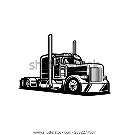 Semi Truck Monochrome Vector. Freight 18 Wheeler Big Rig Black and White illustration