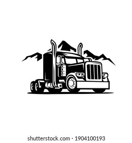 Semi truck in mountain black and white background vector illustration