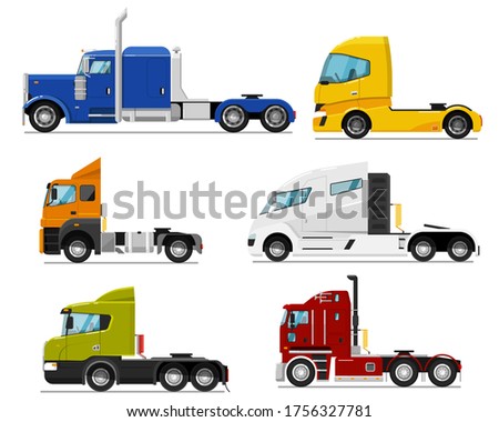 Semi truck set. Isolated traction unit rig or prime mover transport for semi-trailer hauling. Side view of tractor unit with cab icon collection. Industrial heavy truck vehicle transportation