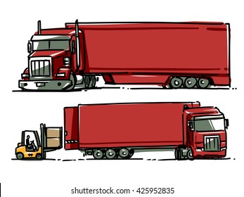 Semi Truck Sketch Illustration. Forklift Loading The Truck