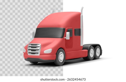 Trator Semi Truck Renderizado em estilo 3D divertido com superfície suave e detalhes arredondados, visão frontal lateral, ideal para transporte ou conceitos de frete. Ilustração de vetor.