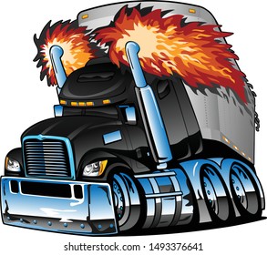 Semi Truck Tractor Trailer Big Rig, Black, Flaming Exhaust, Lots of Chrome, Cartoon Isolated Vector Illustration 