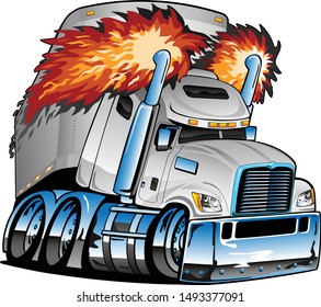 Semi Truck Tractor Trailer Big Rig, White, Flaming Exhaust, Lots of Chrome, Cartoon Isolated Vector Illustration 