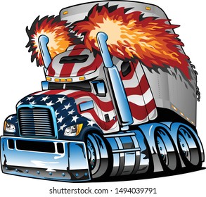 Semi Truck Tractor Trailer with Stars and Stripes Cartoon Isolated Vector Illustration
