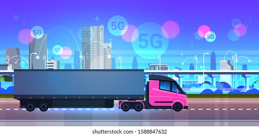 semi truck trailer driving city road 5G online wireless system connection concept modern cityscape background express delivery logistics transportation horizontal vector illustration