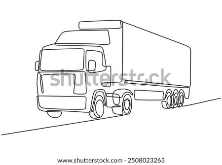 Semi Truck with Trailer One Line Drawing. Side view illustration of a truck for logistics and transportation.