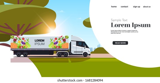 semi truck trailer with organic vegetables on highway natural vegan farm food delivery service vehicle with fresh veggies sunset landscape background copy space horizontal vector illustration