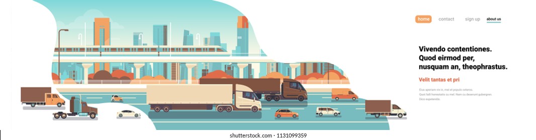 semi truck trailers driving highway road cars lorry over city background delivery cargo concept flat copy space banner