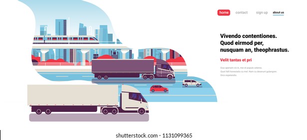 semi truck trailers driving highway road cars lorry over city background delivery cargo concept flat copy space horizontal vector illustration