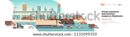 semi truck trailers driving highway road cars lorry over city background delivery cargo concept flat copy space banner