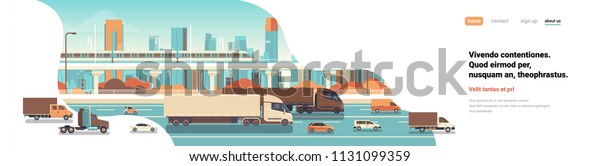 semi truck\
trailers driving highway road cars lorry over city background\
delivery cargo concept flat copy space\
banner
