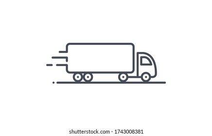 Semi Truck Vector Icon. Delivery Service Logo Isolated On White. Moving Car Line Outline Thin Sign Flat Design. Logistics Trucking Business Concept