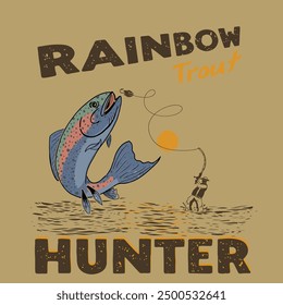 semi vintage vector design of a person fishing for trout