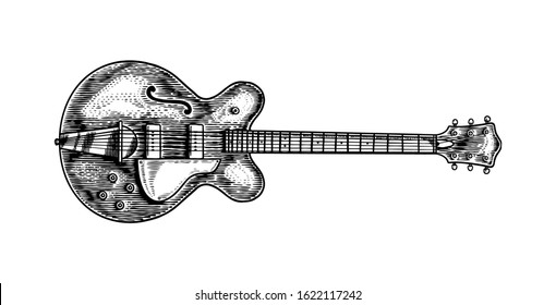 Semi-acoustic jazz bass guitar in monochrome engraved vintage style. Hand drawn sketch for Rock festival or blues and ragtime poster or t-shirt. Musical classical stringed electro instrument. 